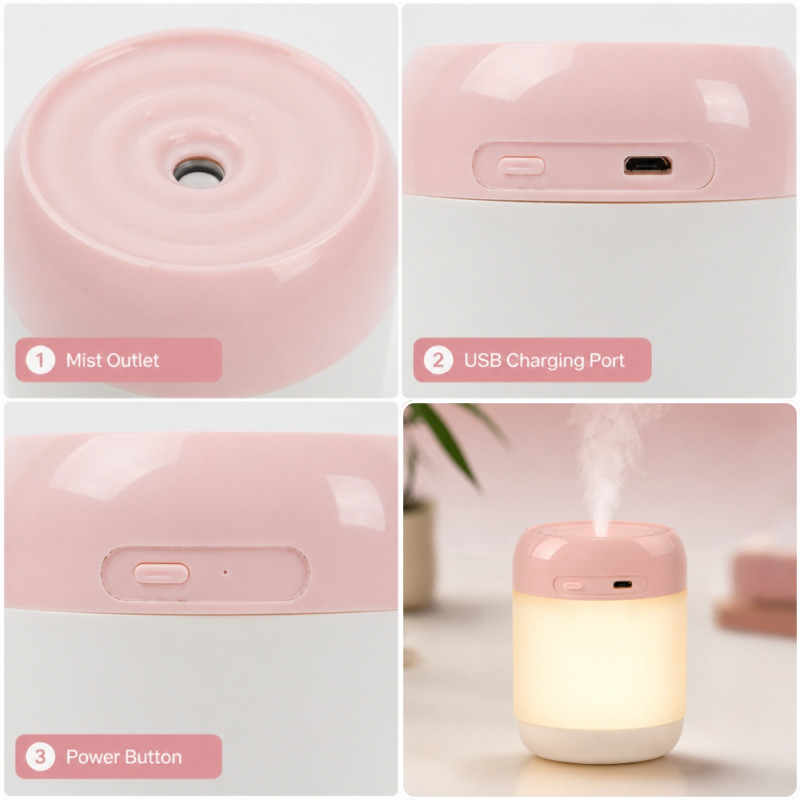 Professional Portable Mini USB Aroma Diffuser & Humidifier – White & Light Pink (10.5cm)