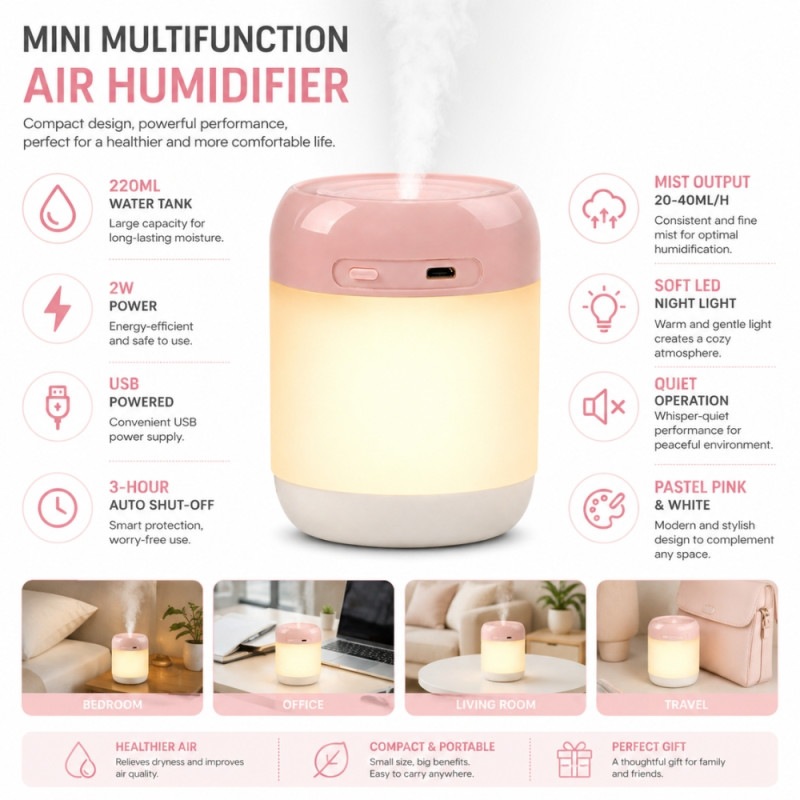 Professional Portable Mini USB Aroma Diffuser & Humidifier – White & Light Pink (10.5cm)