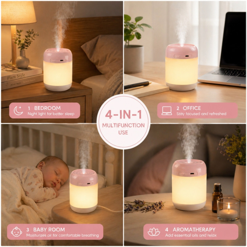Professional Portable Mini USB Aroma Diffuser & Humidifier – White & Light Pink (10.5cm)
