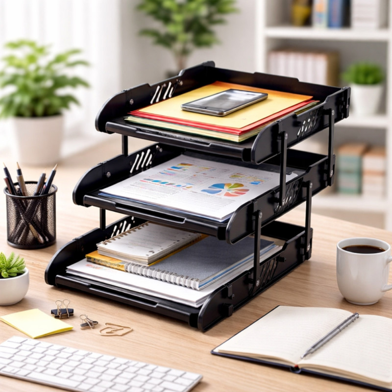 3-Tier Plastic Desktop File Tray for A4 and Letter-Sized Documents – Black