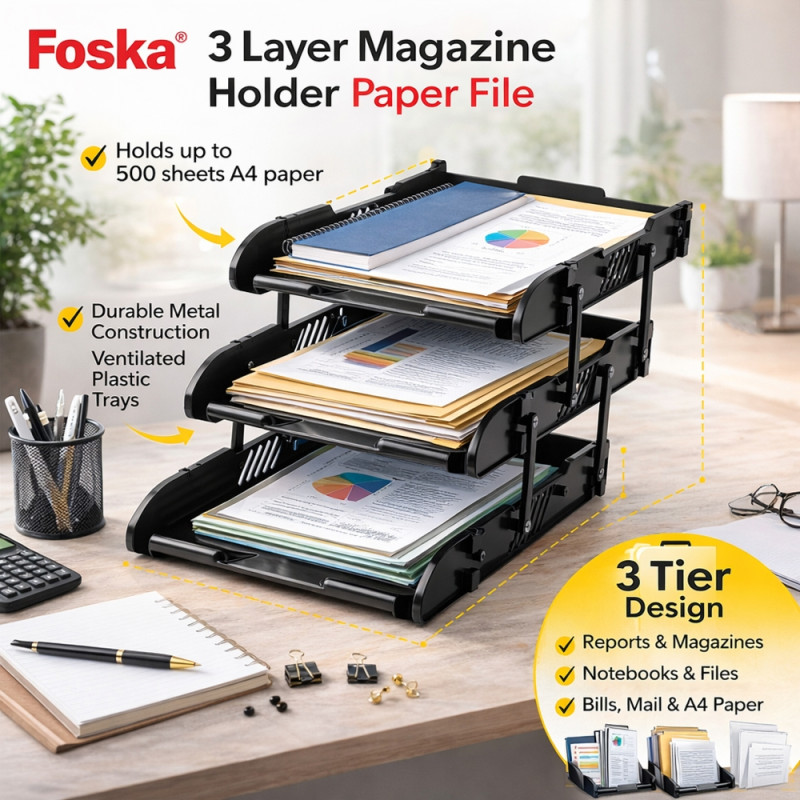3-Tier Plastic Desktop File Tray for A4 and Letter-Sized Documents – Black