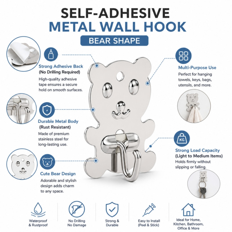 Bear-Shaped Stainless Steel Wall Hook – Self-Adhesive – 5x4cm