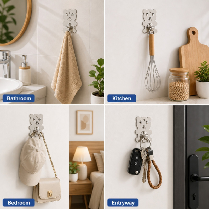 Bear-Shaped Stainless Steel Wall Hook – Self-Adhesive – 5x4cm