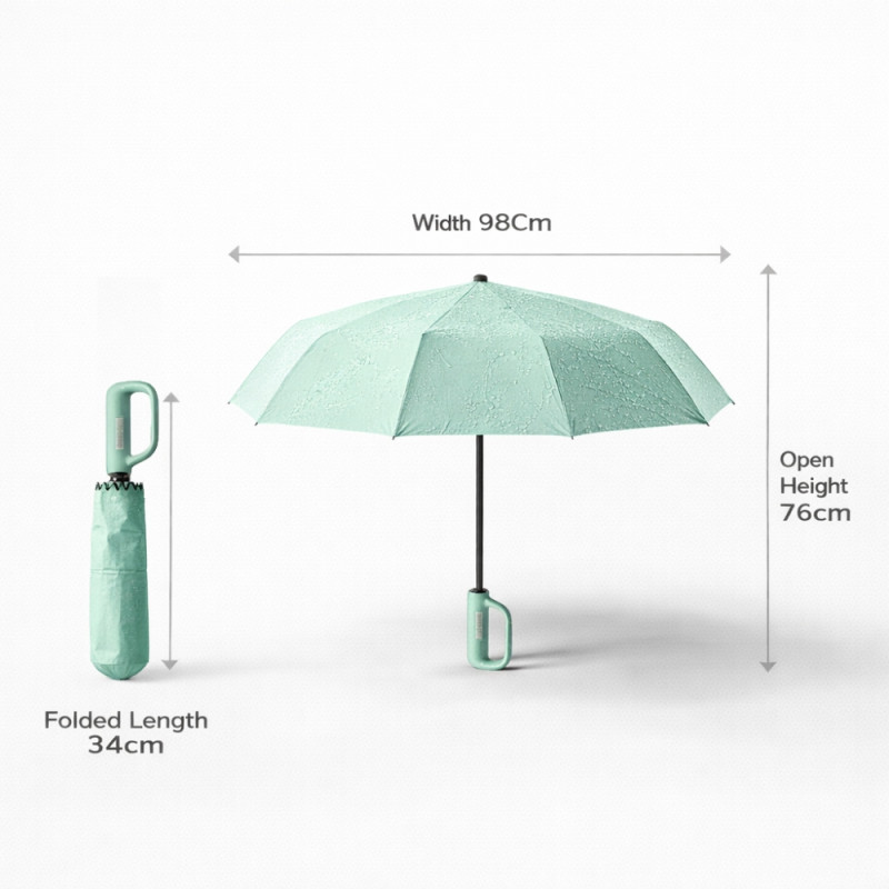 Compact Foldable Umbrella with Light Green Canopy and Unique D-Shaped Handle – Sea Green