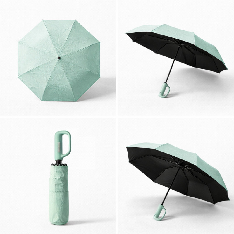 Compact Foldable Umbrella with Light Green Canopy and Unique D-Shaped Handle – Sea Green