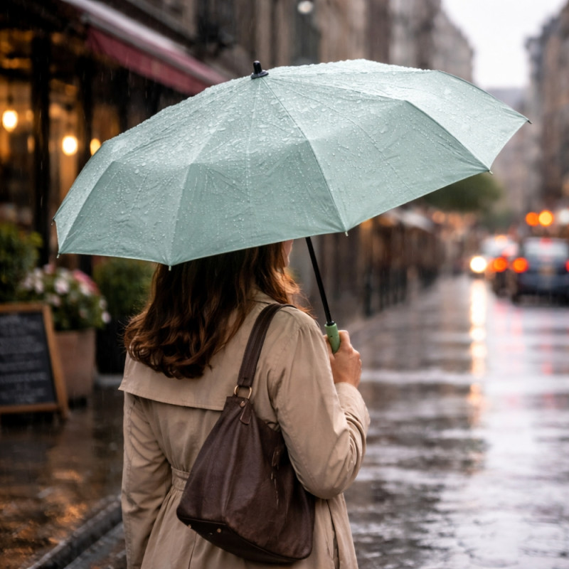Compact Foldable Umbrella with Light Green Canopy and Unique D-Shaped Handle – Sea Green