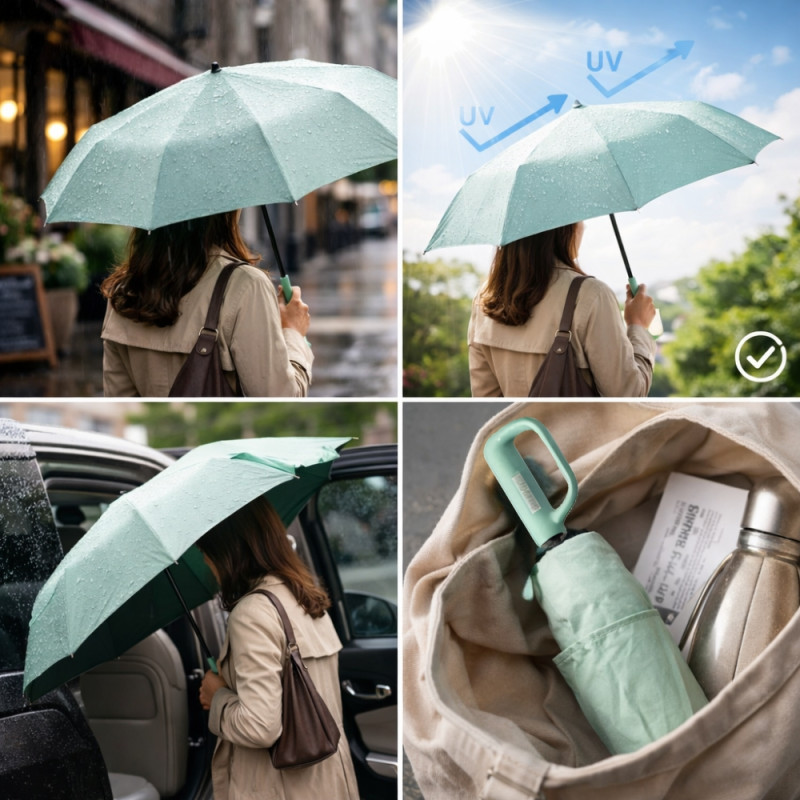 Compact Foldable Umbrella with Light Green Canopy and Unique D-Shaped Handle – Sea Green