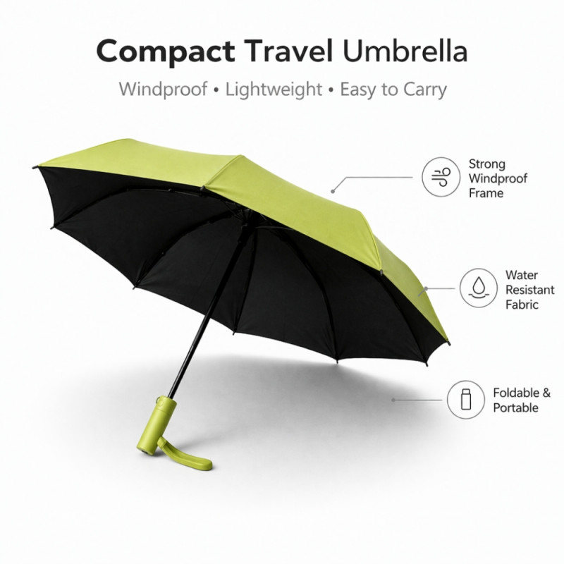Compact Travel Folding Portable Umbrella – Olive Green (100x64cm)