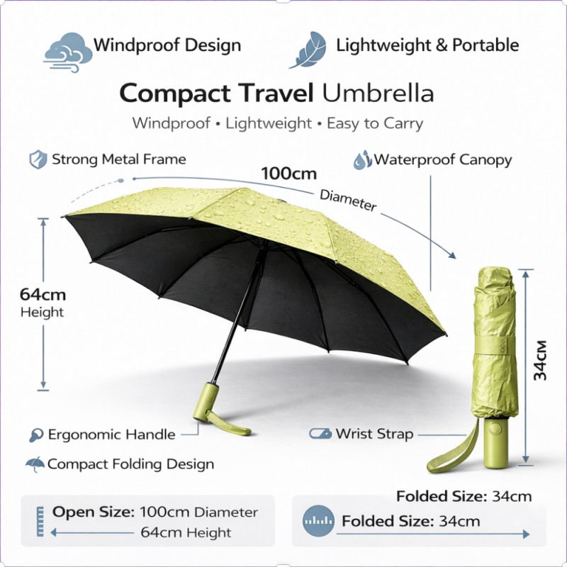 Compact Travel Folding Portable Umbrella – Olive Green (100x64cm)