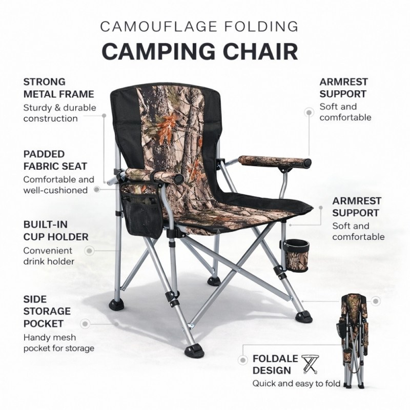 Trade Kite Camouflage Foldable Camping Chair – Integrated Cup Holder & Storage