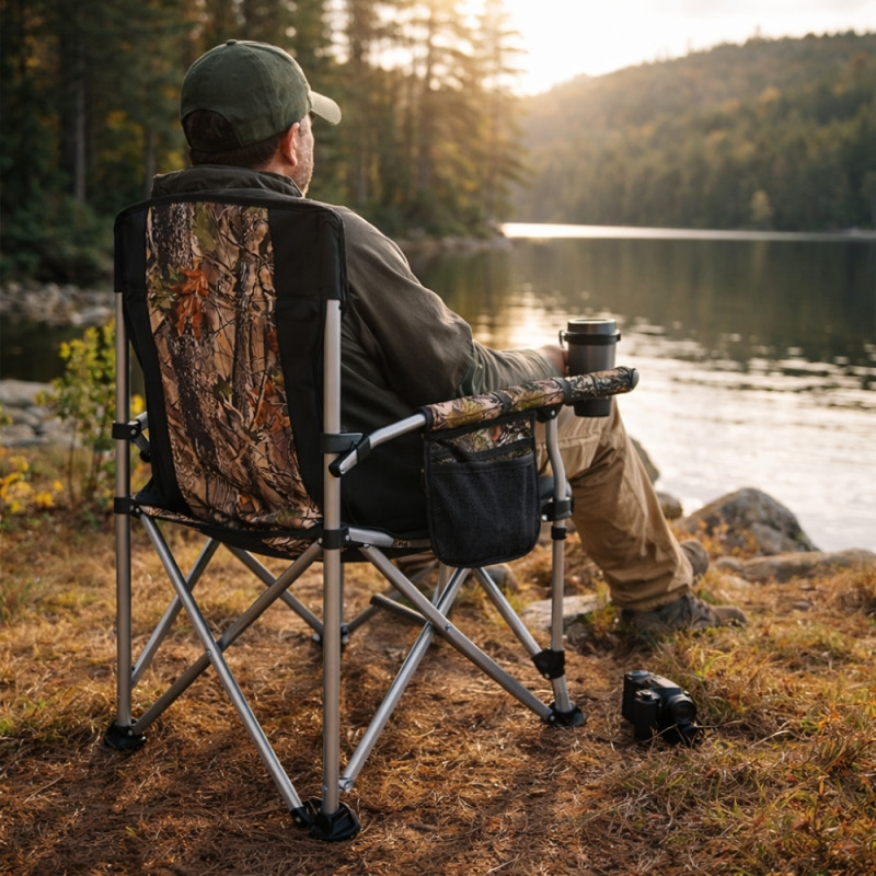 Trade Kite Camouflage Foldable Camping Chair – Integrated Cup Holder & Storage