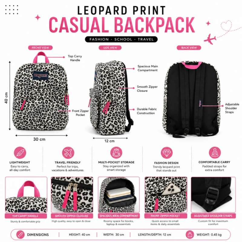 Rhyming Superbreak leopard print backpack with pink accents – Black & White (40 x 30 x 12cm)