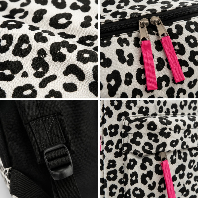Rhyming Superbreak leopard print backpack with pink accents – Black & White (40 x 30 x 12cm)