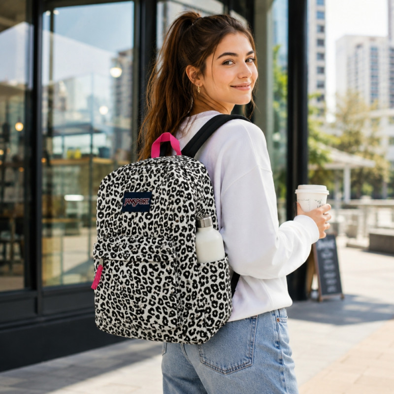 Rhyming Superbreak leopard print backpack with pink accents – Black & White (40 x 30 x 12cm)