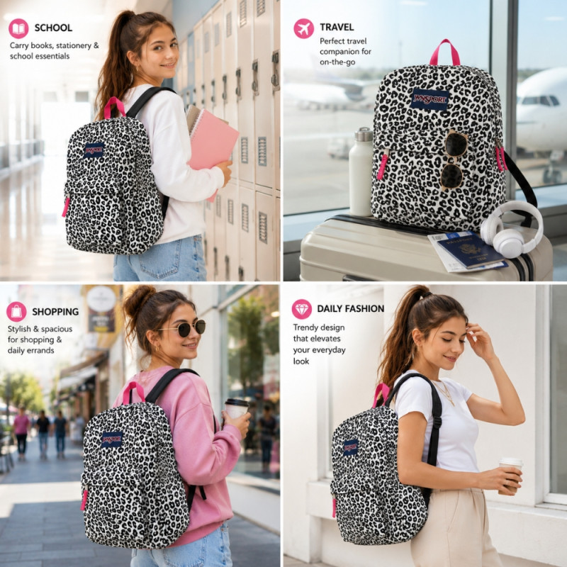 Rhyming Superbreak leopard print backpack with pink accents – Black & White (40 x 30 x 12cm)