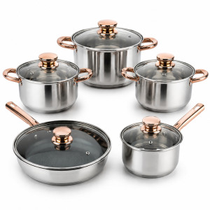 10-Piece Premium Stainless Steel Cookware Set with Rose Gold Handles and Lids – Silver