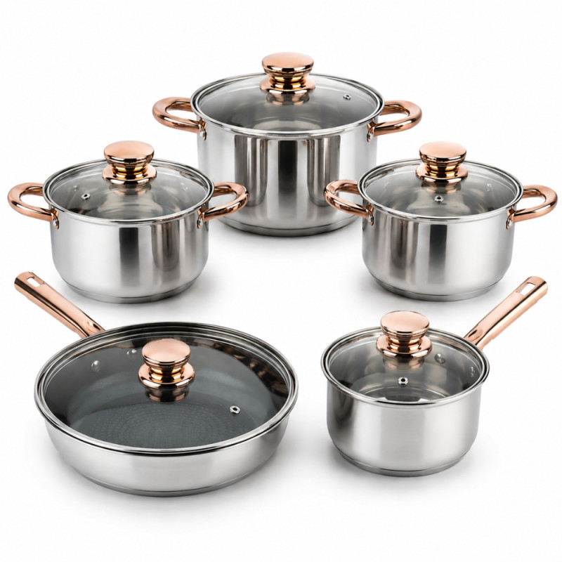 10-Piece Premium Stainless Steel Cookware Set with Rose Gold Handles and Lids – Silver