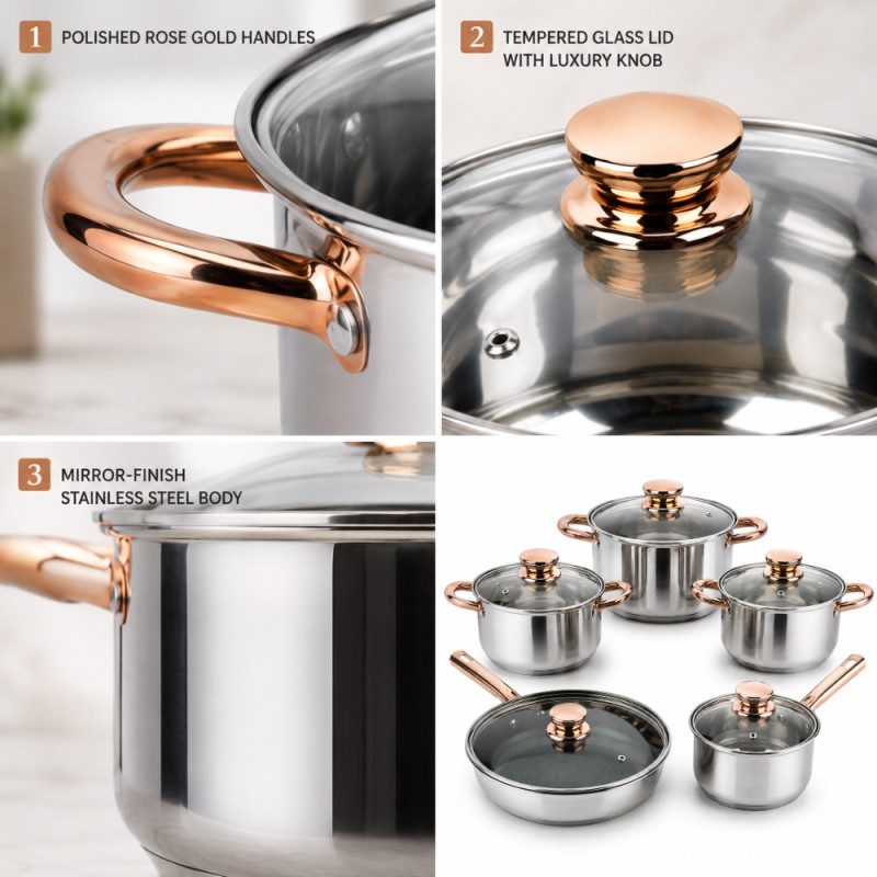 10-Piece Premium Stainless Steel Cookware Set with Rose Gold Handles and Lids – Silver