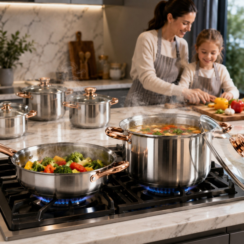 10-Piece Premium Stainless Steel Cookware Set with Rose Gold Handles and Lids – Silver