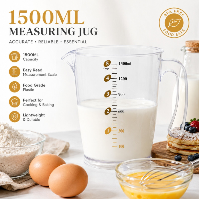 Serene clear plastic 1500ml measuring jug with an easy-pour spout and ergonomic handle – Transparent (15 x 15cm)