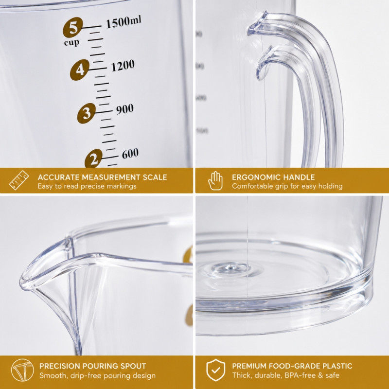 Serene clear plastic 1500ml measuring jug with an easy-pour spout and ergonomic handle – Transparent (15 x 15cm)