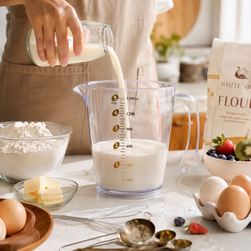 Serene clear plastic 1500ml measuring jug with an easy-pour spout and ergonomic handle – Transparent (15 x 15cm)