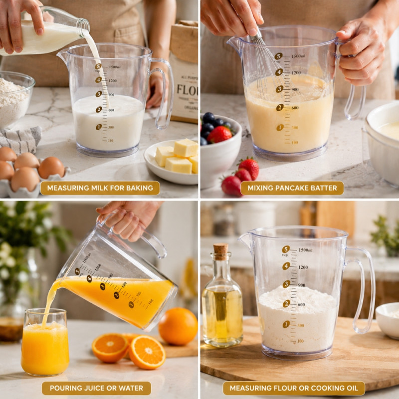 Serene clear plastic 1500ml measuring jug with an easy-pour spout and ergonomic handle – Transparent (15 x 15cm)