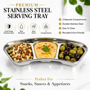 Graceful Style Divided Serving Plate Designed for Everyday Cooking &amp; Kitchen Excellence – Silver (H-8cm X W-20cm)