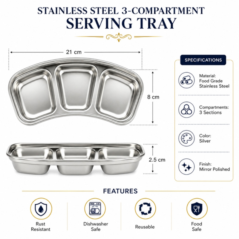 Graceful Style Divided Serving Plate Designed for Everyday Cooking &amp; Kitchen Excellence – Silver (H-8cm X W-20cm)
