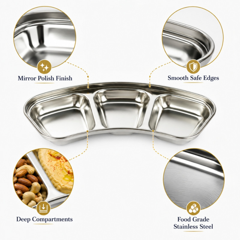 Graceful Style Divided Serving Plate Designed for Everyday Cooking &amp; Kitchen Excellence – Silver (H-8cm X W-20cm)