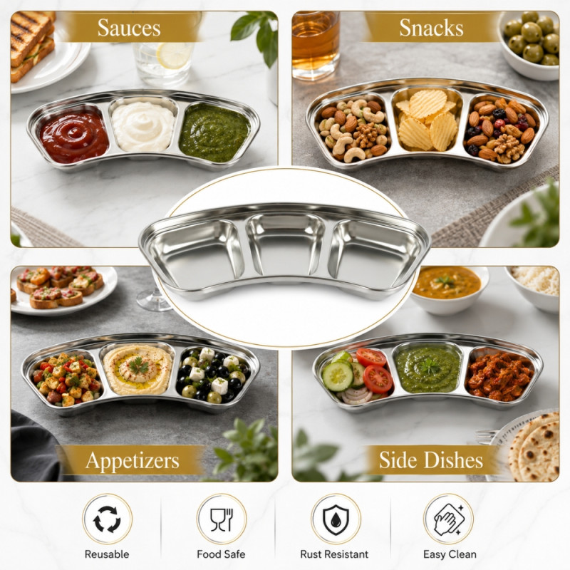Graceful Style Divided Serving Plate Designed for Everyday Cooking &amp; Kitchen Excellence – Silver (H-8cm X W-20cm)
