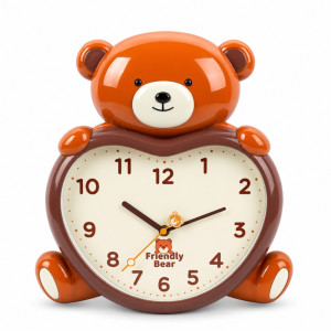 Friendly Bear Kids' Wall Clock – Silent Quartz Sweep – Brown & Heart Design (36x30cm)