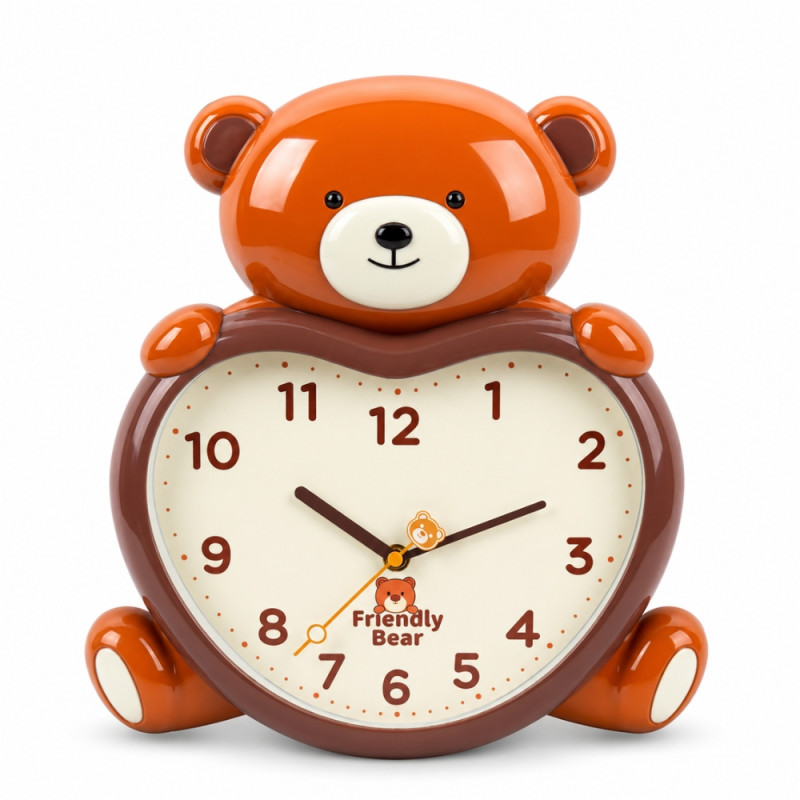 Friendly Bear Kids' Wall Clock – Silent Quartz Sweep – Brown & Heart Design (36x30cm)