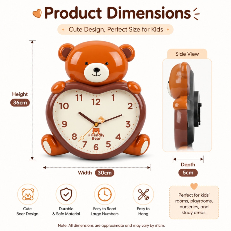 Friendly Bear Kids' Wall Clock – Silent Quartz Sweep – Brown & Heart Design (36x30cm)