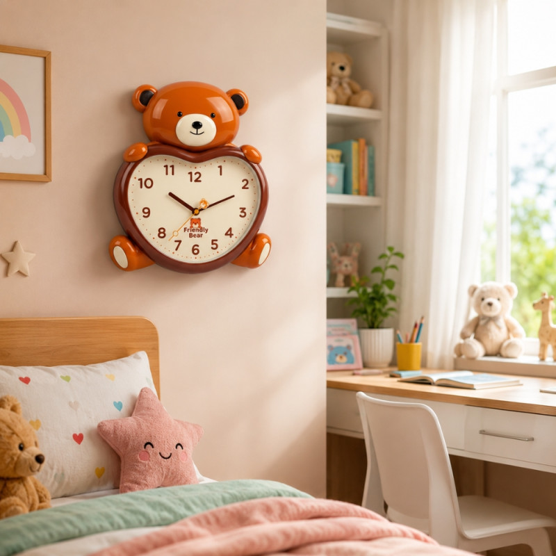 Friendly Bear Kids' Wall Clock – Silent Quartz Sweep – Brown & Heart Design (36x30cm)