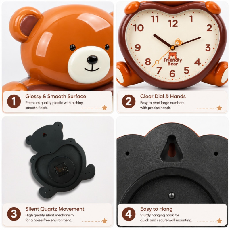 Friendly Bear Kids' Wall Clock – Silent Quartz Sweep – Brown & Heart Design (36x30cm)