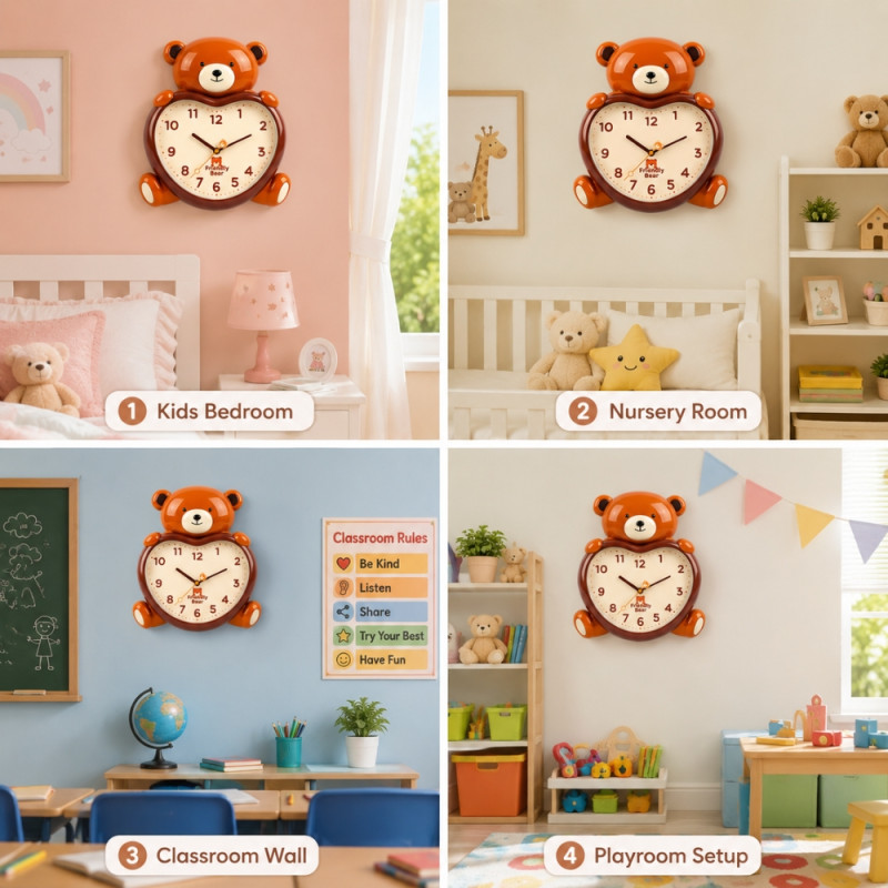 Friendly Bear Kids' Wall Clock – Silent Quartz Sweep – Brown & Heart Design (36x30cm)