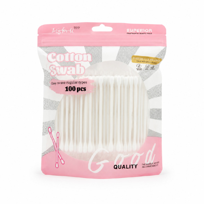 100-Piece Cotton Swabs Pack in Resealable Individually Wrapped Pouches – 7.5 cm – White & Light Pink