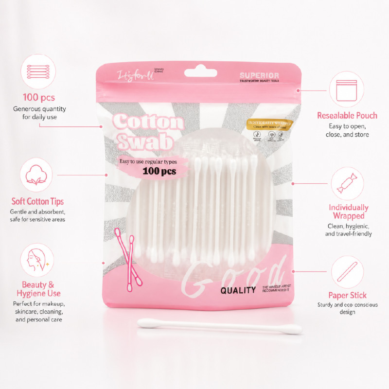 100-Piece Cotton Swabs Pack in Resealable Individually Wrapped Pouches – 7.5 cm – White & Light Pink