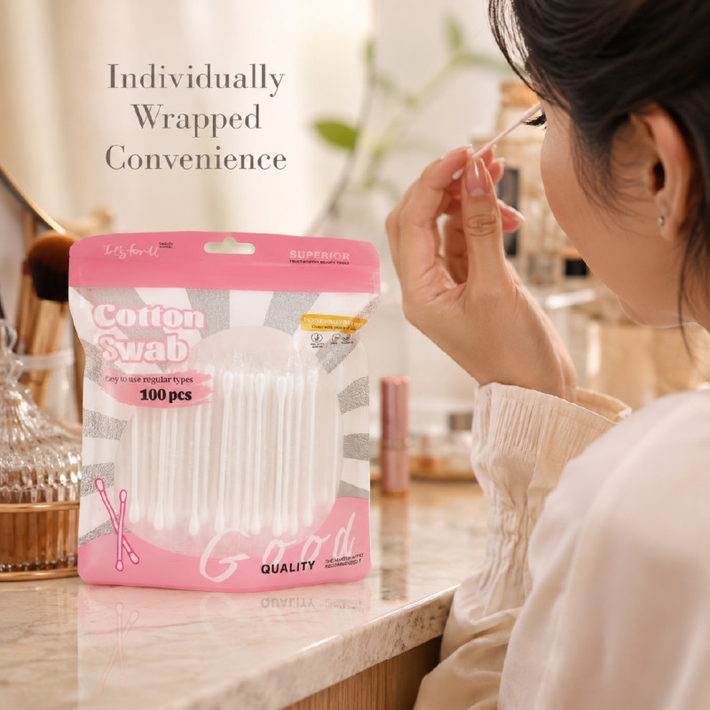 100-Piece Cotton Swabs Pack in Resealable Individually Wrapped Pouches – 7.5 cm – White & Light Pink