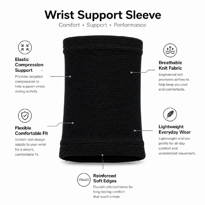 Black Polyester Compression Wrist Support Band for Fitness or Daily Use