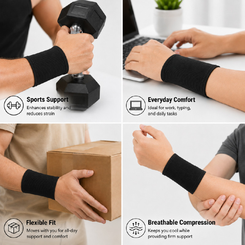 Black Polyester Compression Wrist Support Band for Fitness or Daily Use