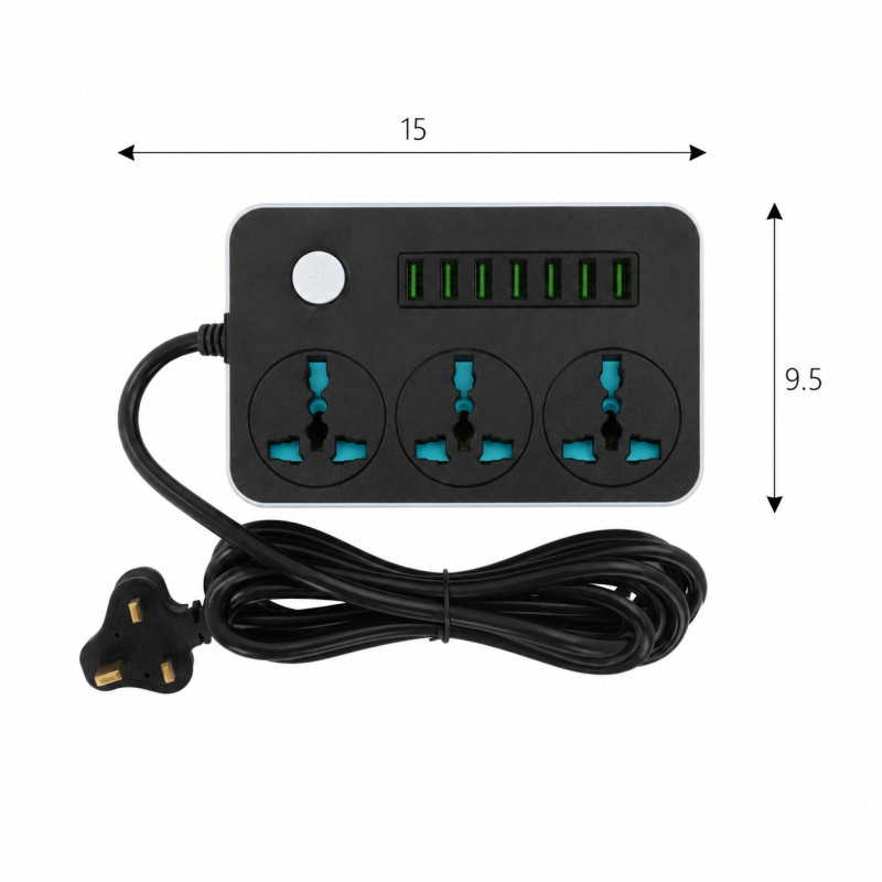 Carbon Grade Power Strip Designed for Convenient Power & Connectivity – Black (H-9.5, W-15 CM)