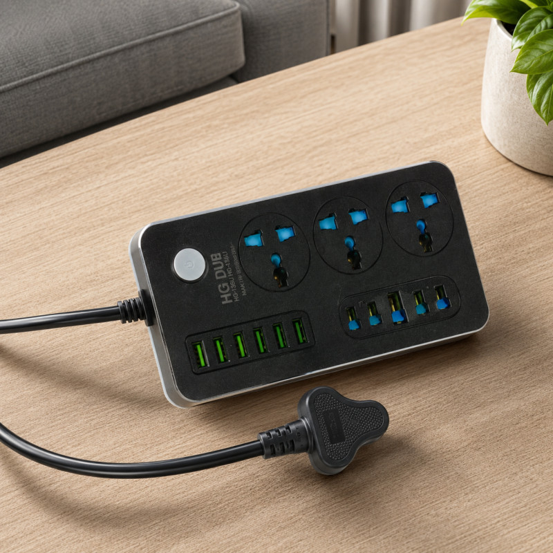 Carbon Grade Power Strip Designed for Convenient Power & Connectivity – Black (H-9.5, W-15 CM)