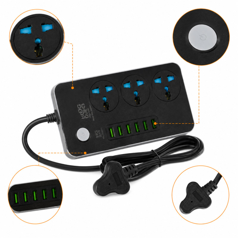 Carbon Grade Power Strip Designed for Convenient Power & Connectivity – Black (H-9.5, W-15 CM)
