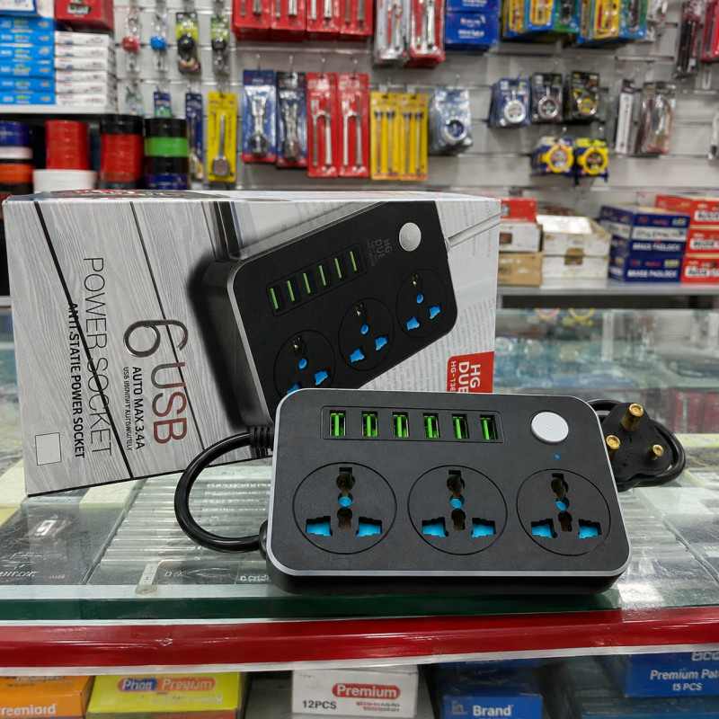 Carbon Grade Power Strip Designed for Convenient Power & Connectivity – Black (H-9.5, W-15 CM)