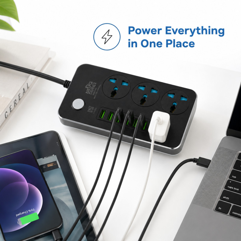 Carbon Grade Power Strip Designed for Convenient Power & Connectivity – Black (H-9.5, W-15 CM)