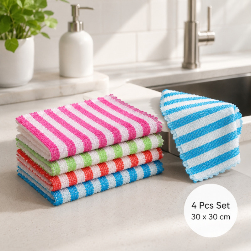 Classic Striped Cleaning Towels - 4pcs Assorted