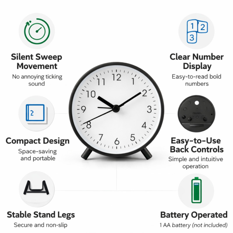 Minimalist Zen Analog Alarm Clock – Sleek Black Desk Edition (10cm)