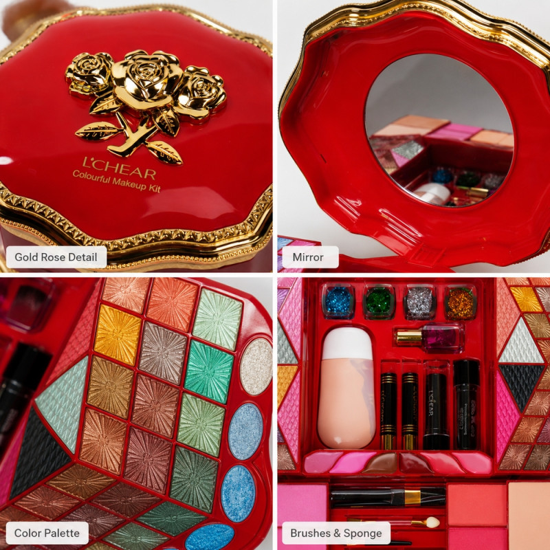 Ruby Glow Makeup Kit Designed for Daily Grooming &amp; Self-Care – Red (H-8.5, W-25, L-22 CM)
